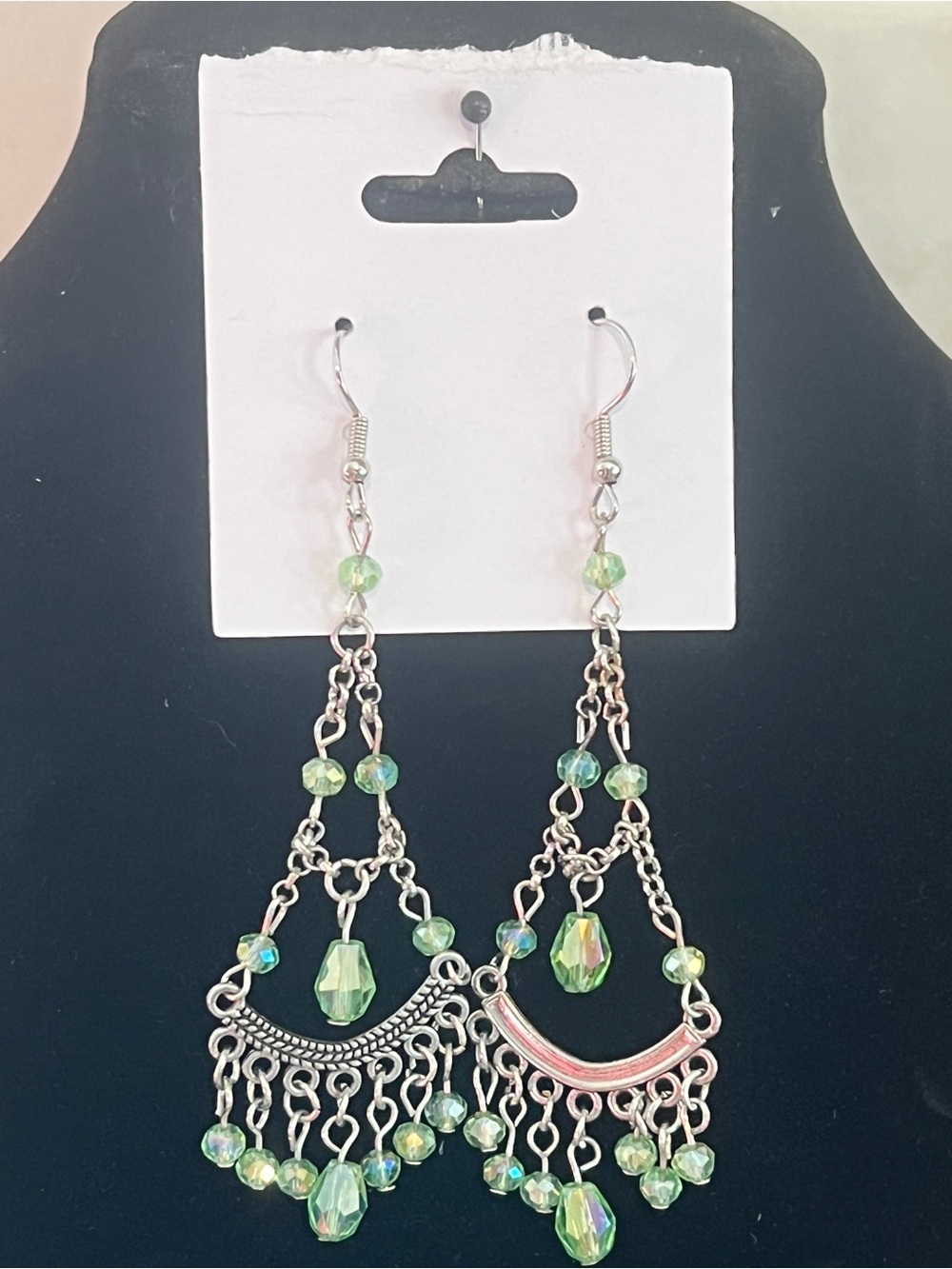 Paparazzi Silver-Tone Green Bead Chandelier Earrings